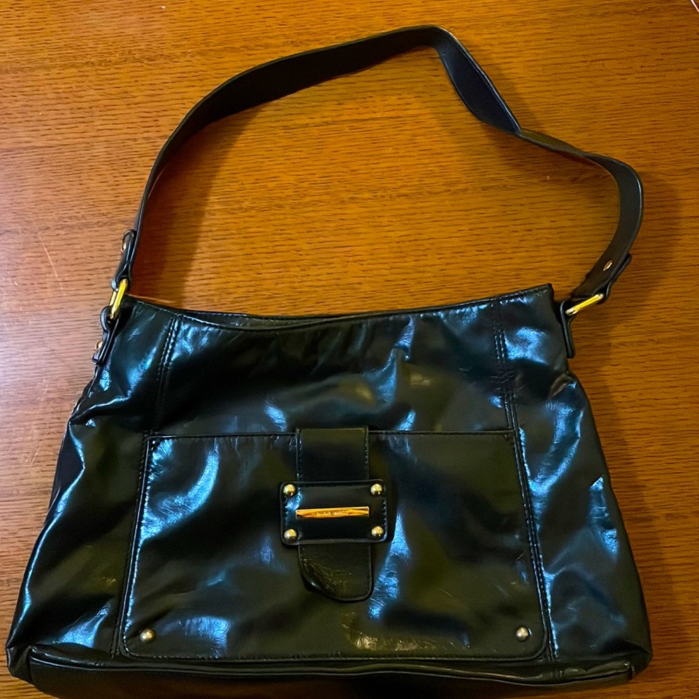 Black Leather Nine West Shoulder Bag Gold Buckle
